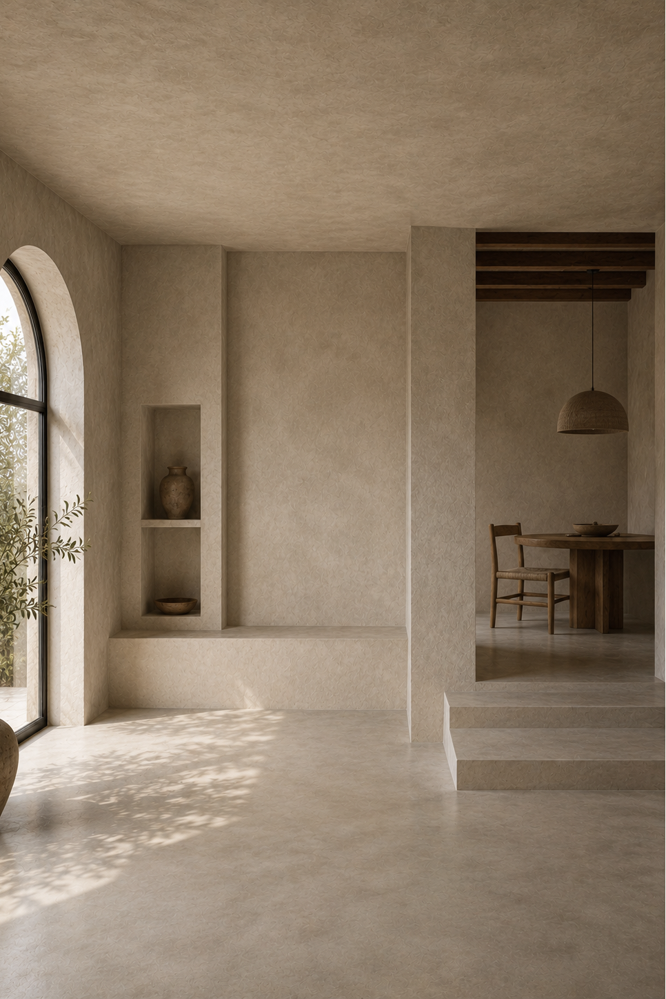 Minimalist interior space with textured plaster walls and floor, an arched window with a large vase plant, recessed shelves, and a dining area in the background.