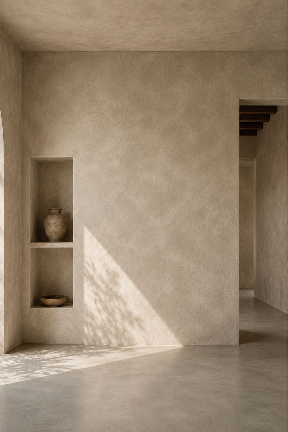 Minimalist interior space with textured beige plaster walls and floor, a recessed shelf holding a ceramic vase, a large arched window on the left, and dappled sunlight casting leaf shadows across the wall and floor.