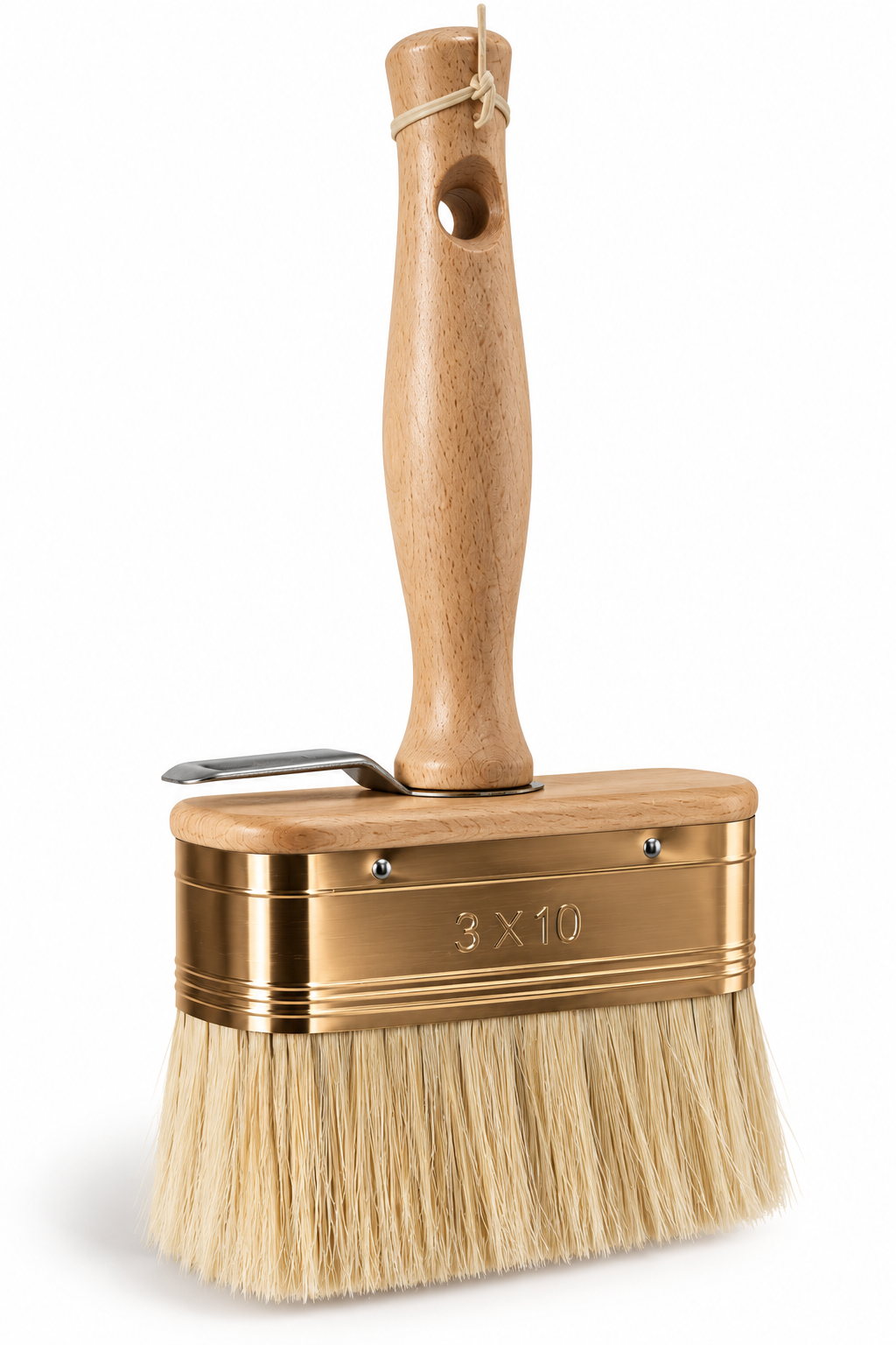 A 3x10 inch paint brush with natural wood handle and metal ferrule, featuring natural bristles and a small metal scraper on the side, shown on a white background.