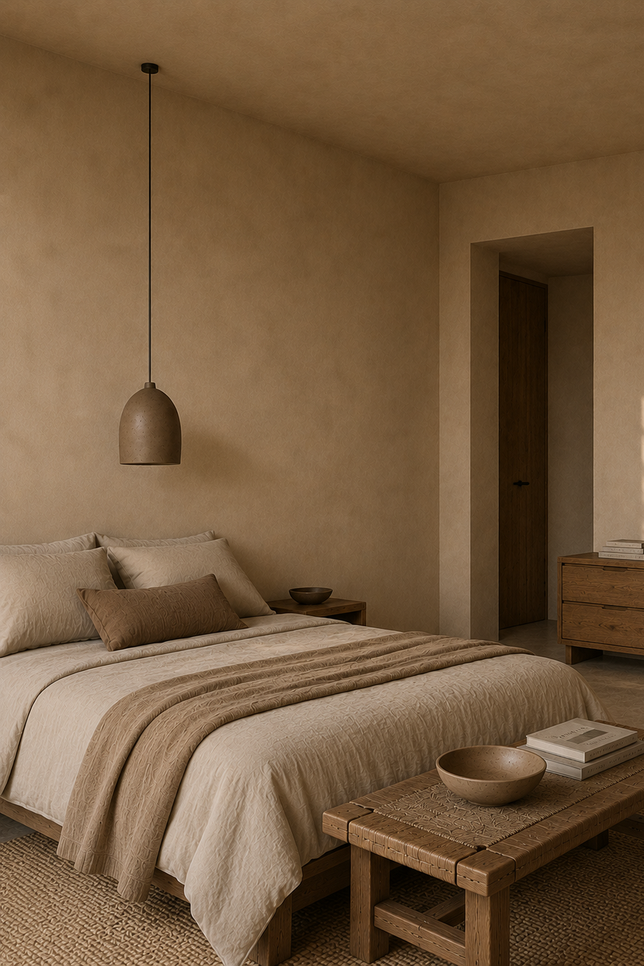 A minimalist bedroom interior with a bed dressed in neutral beige linens, a wooden bench at the foot of the bed, a matching pendant light, and a textured dresser in the background. The room has warm plaster walls and soft natural light casting shadows.
