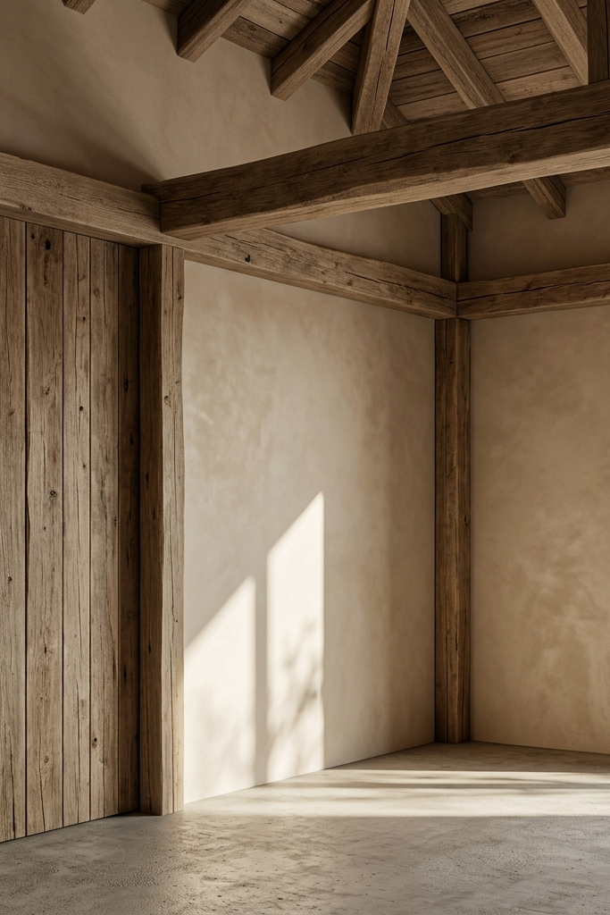 Wooden interior with natural limewash light and a view of trees outside.