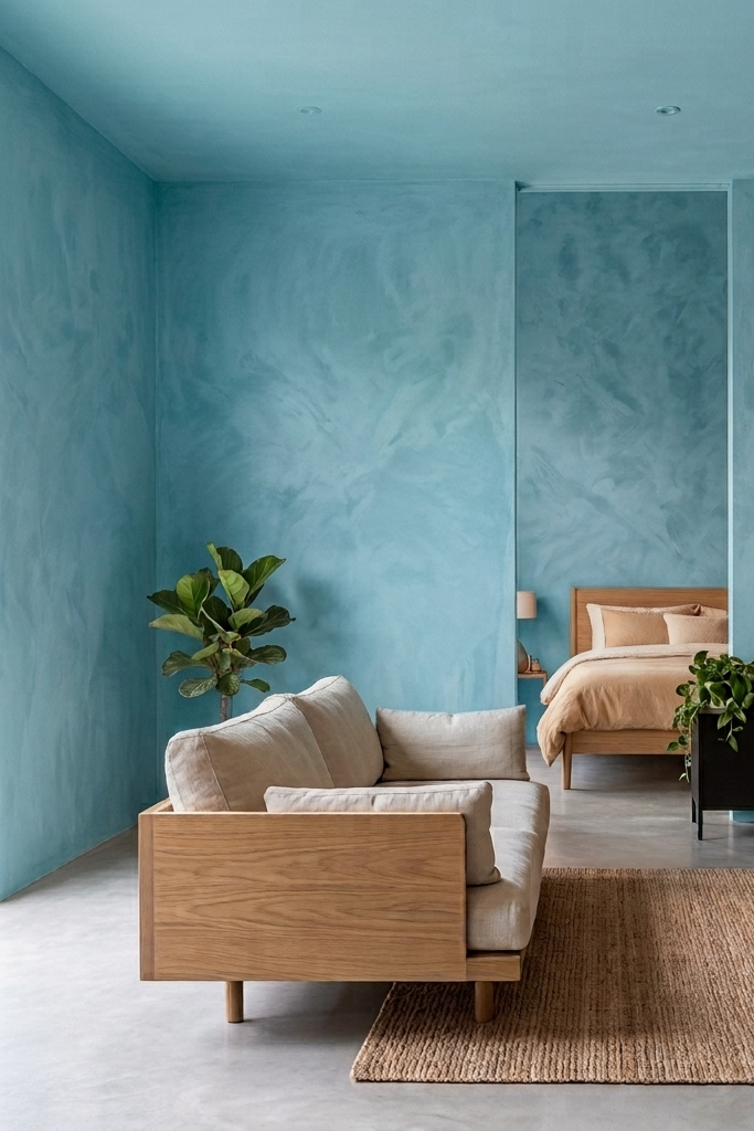 A modern bedroom interior with textured blue walls, a light wood sofa with cream cushions, a bed with beige bedding, a dark wood side table, and a woven rug.