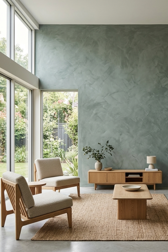 A modern living room with textured sage green walls, featuring a cream bouclé sofa, two matching armchairs, a low wooden coffee table, a wooden sideboard, and a natural jute rug.