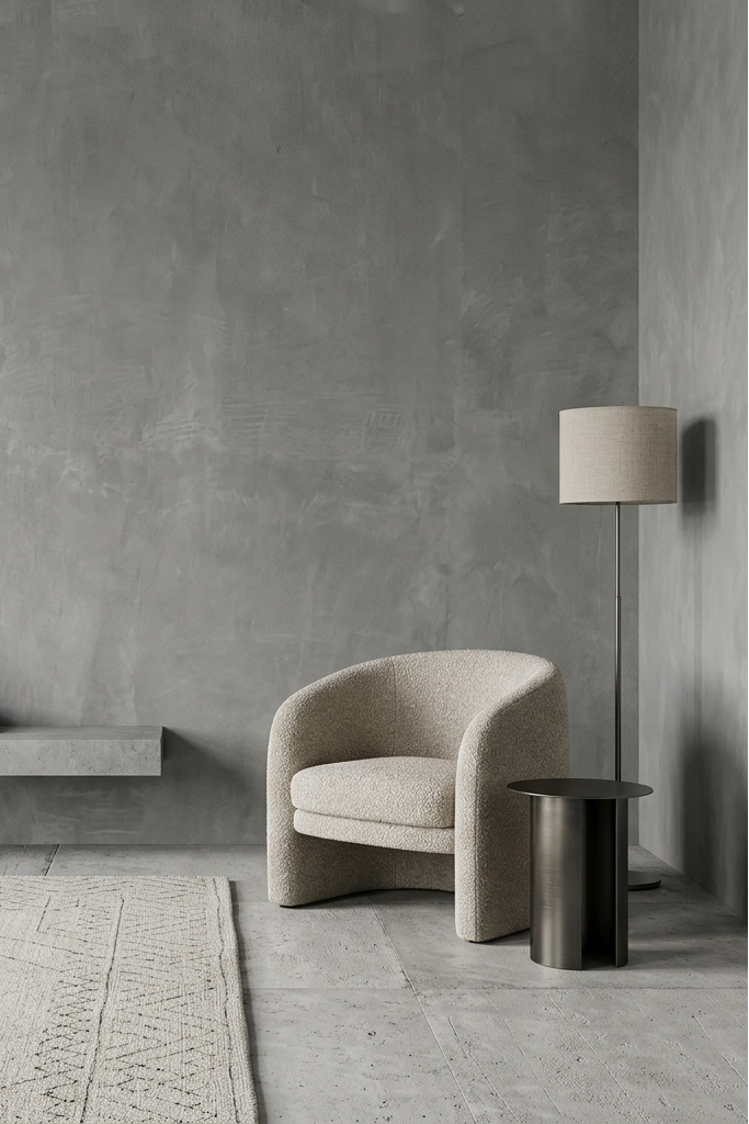 A modern living room corner featuring a curved beige upholstered armchair, a tall floor lamp with a beige shade, a small round dark side table, a floating shelf with books and a black vase, and a textured light rug against a gray concrete wall.