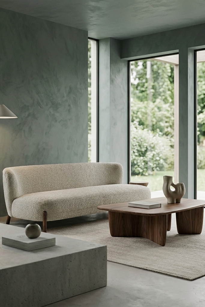 A modern beige textured sofa in a minimalist, contemporary living room with concrete walls, a wooden coffee table, and large windows overlooking greenery.