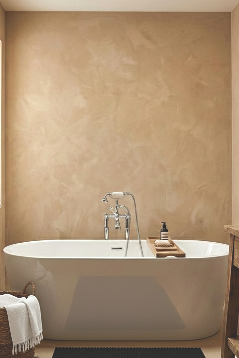 Kraft limewash paint in a textured finish, showcasing warm earthy tones for interior and exterior surfaces.