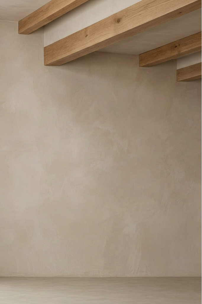 Beige wall with wooden beams in a minimalistic room