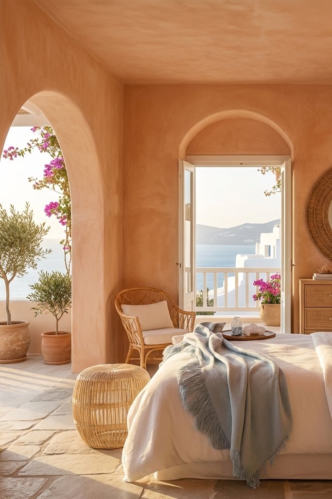 Bedroom with peach walls, a bed with white and light blue bedding, and a view of the ocean through a large window.