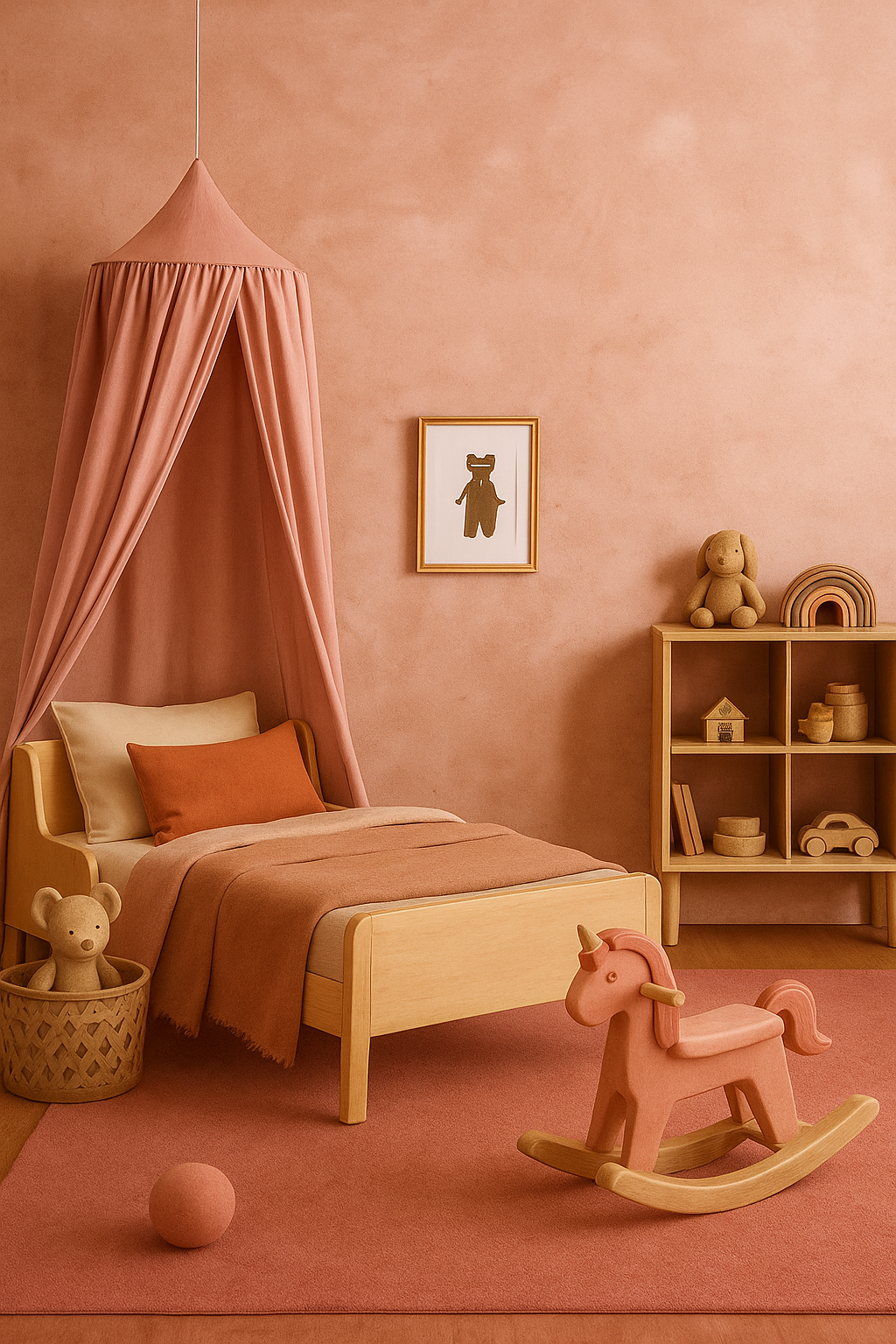 Arabian Sun pink limewash paint applied on a wall in a softly lit room with neutral decor.