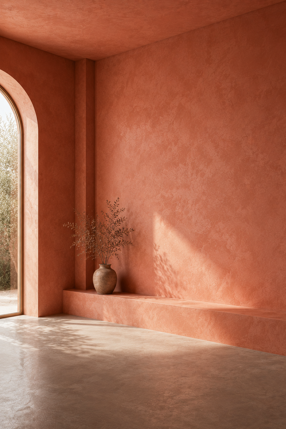 A terracotta-colored plaster room corner with an arched window, built-in bench, textured wall, and a small vase with dried branches on the floor.