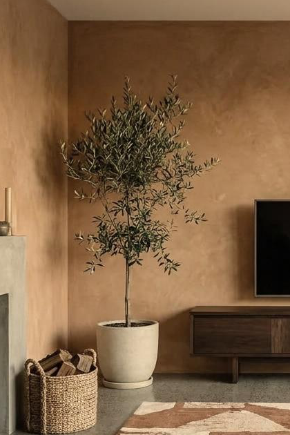 A modern living room with warm beige plaster walls, a dark wood TV stand, a black flat-screen TV, a large abstract wall art print, a potted olive tree, a fireplace, and a patterned brown and beige area rug.