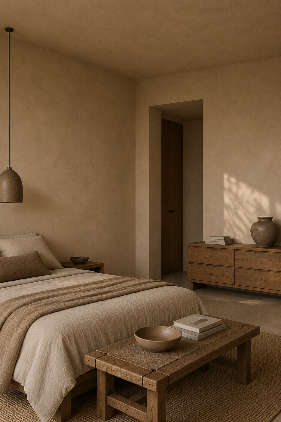 A minimalist bedroom interior with a bed dressed in neutral beige linens, a wooden bench at the foot of the bed, a matching pendant light, and a textured dresser in the background. The room has warm plaster walls and soft natural light casting shadows.